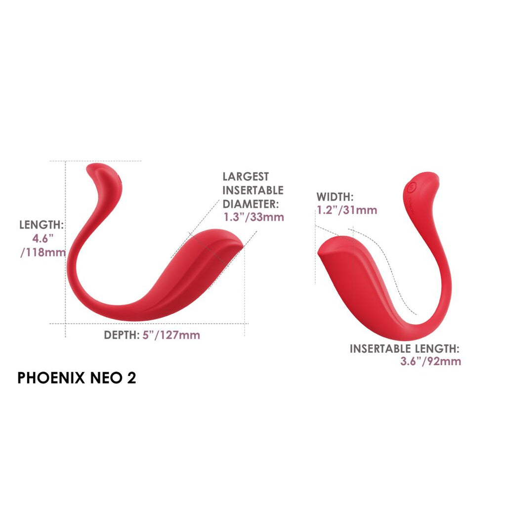 Red 'Phoenix Neo 2' intimate product with measurements on a white background