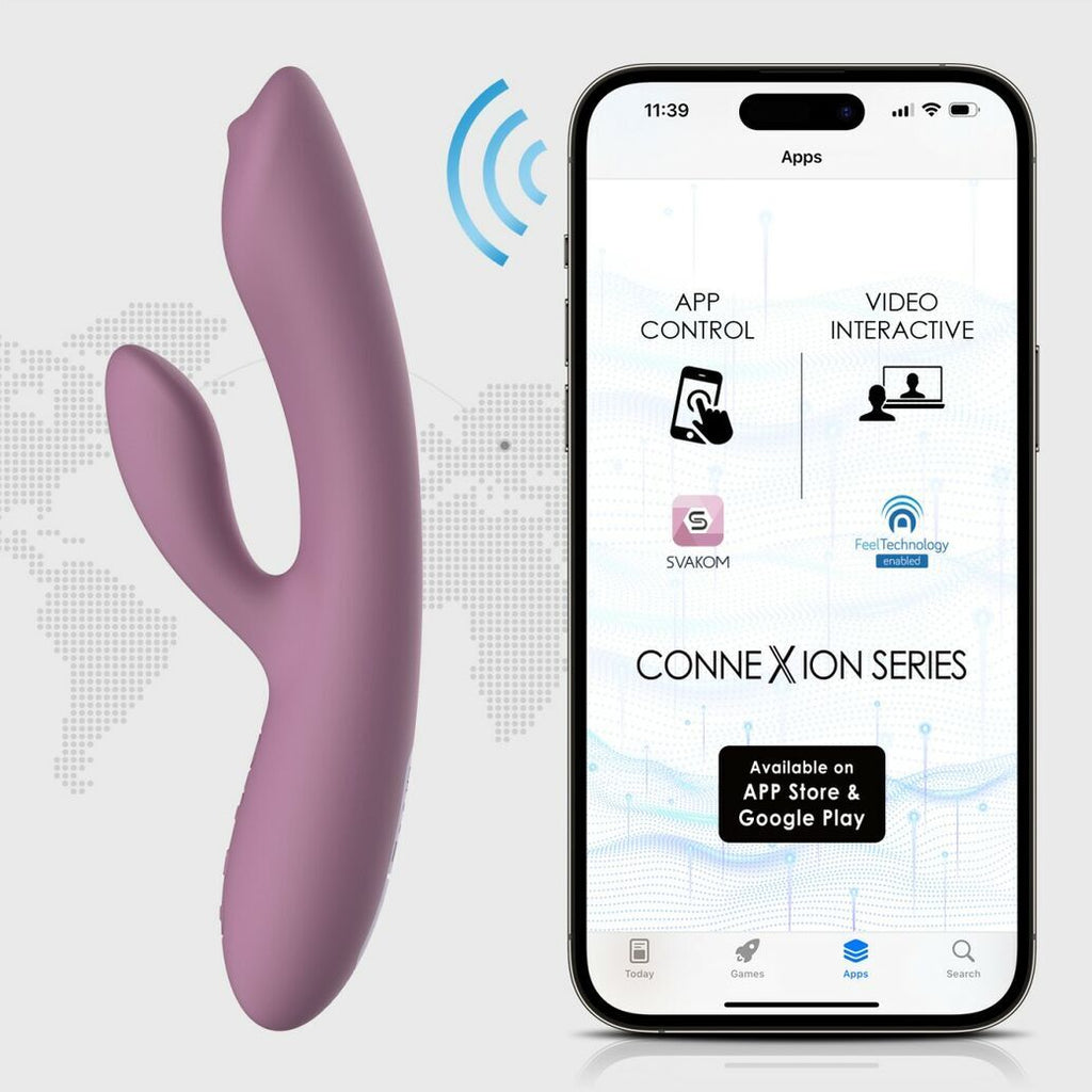 Purple rabbit massager next to a smartphone displaying the ConneXion Series app interface.