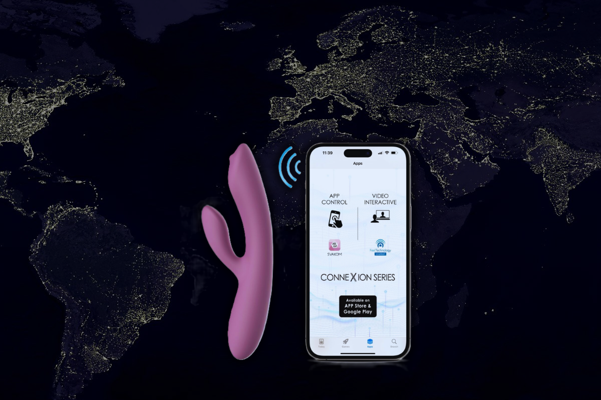 Pink remote controlled rabbit massager device and smartphone with app interface on a world map background