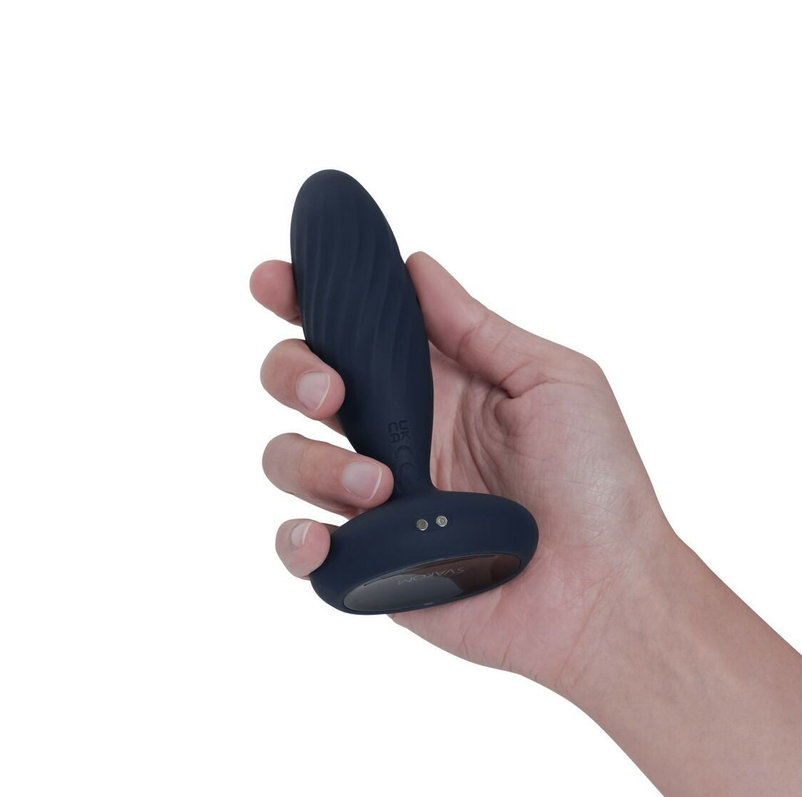 Hand holding a black silicone erotic product on a white background