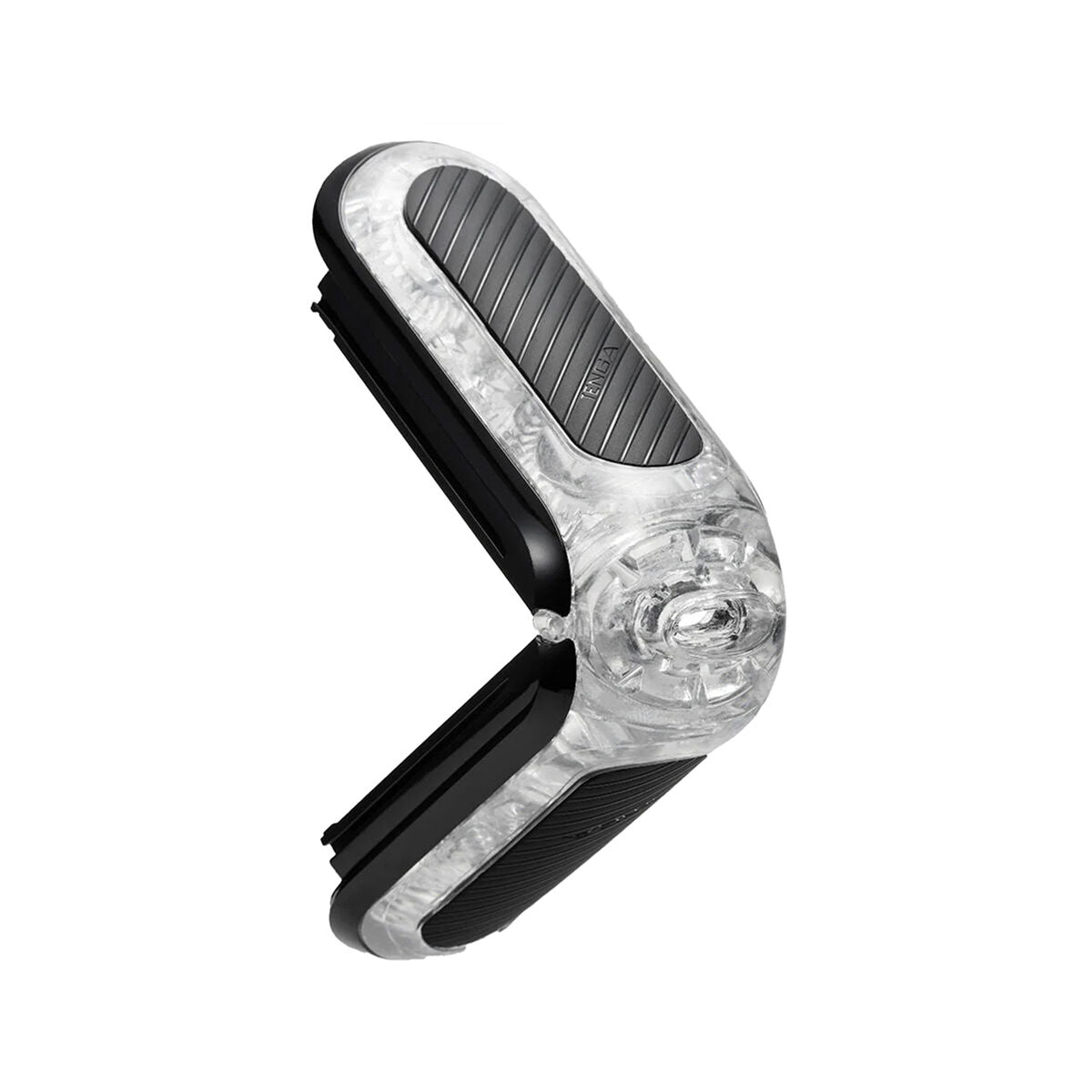 black and clear male masturbator sleeve with tenga brand logo on a white background