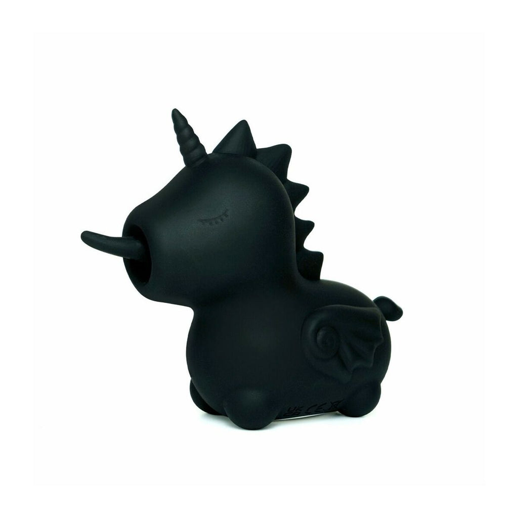 Black unicorn-shaped clitoral stimulator for adults only on a white background