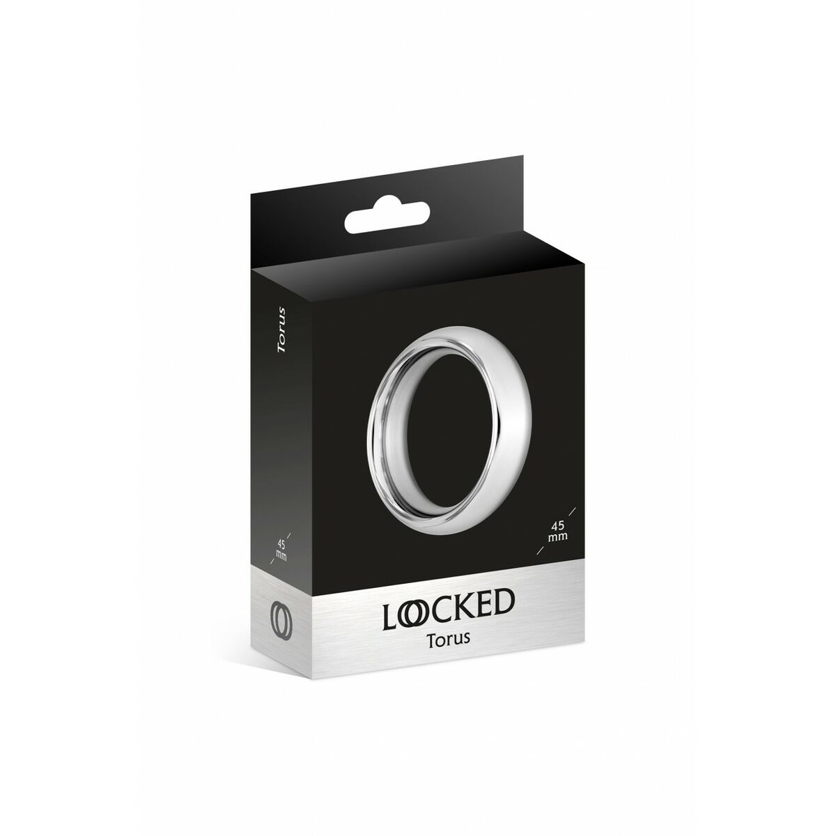 Black packaging box for 'Locked Torus' erotic product on a white background