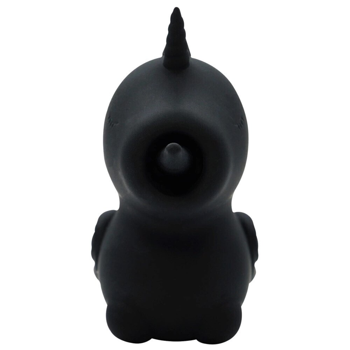 Black unihorn sexual wellness device with a horn on a white background
