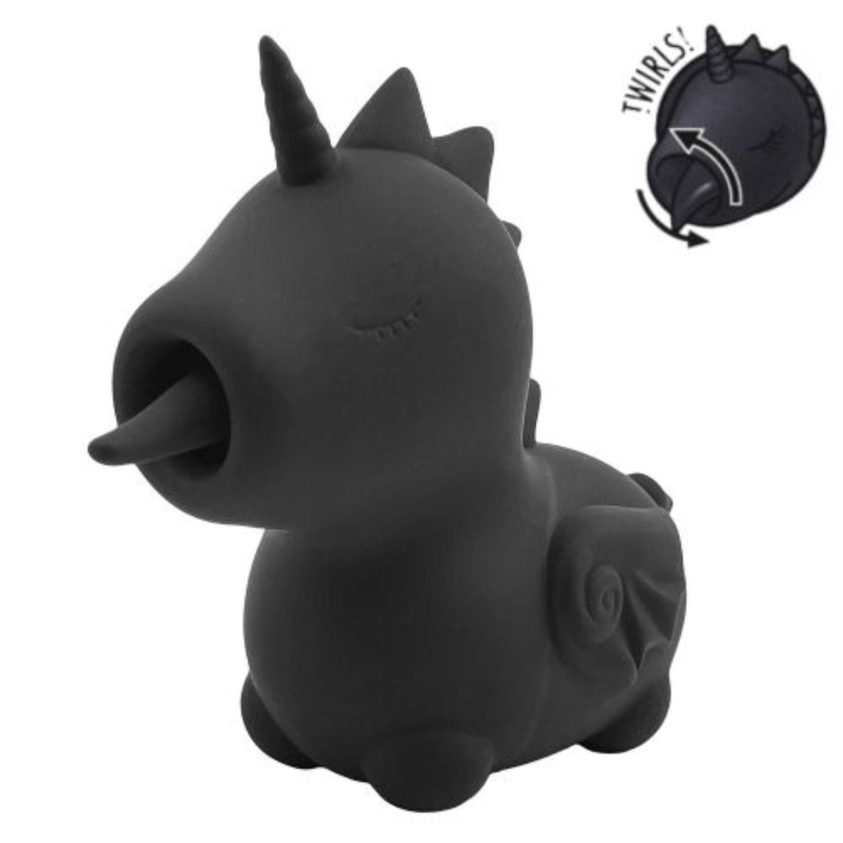 Black unicorn adult toy with a suckling pad on a white background