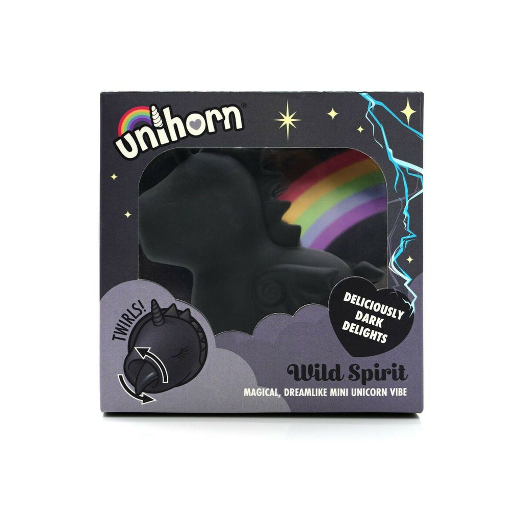 Black unicorn-shaped sexual wellness device for adults in packaging with 'unihorn' branding and rainbow elements.