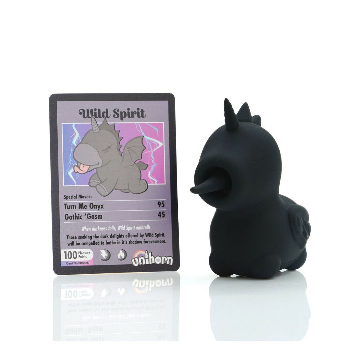 Black unicorn sexual wellness toy for adults only with a trading card featuring a gray creature on a white background