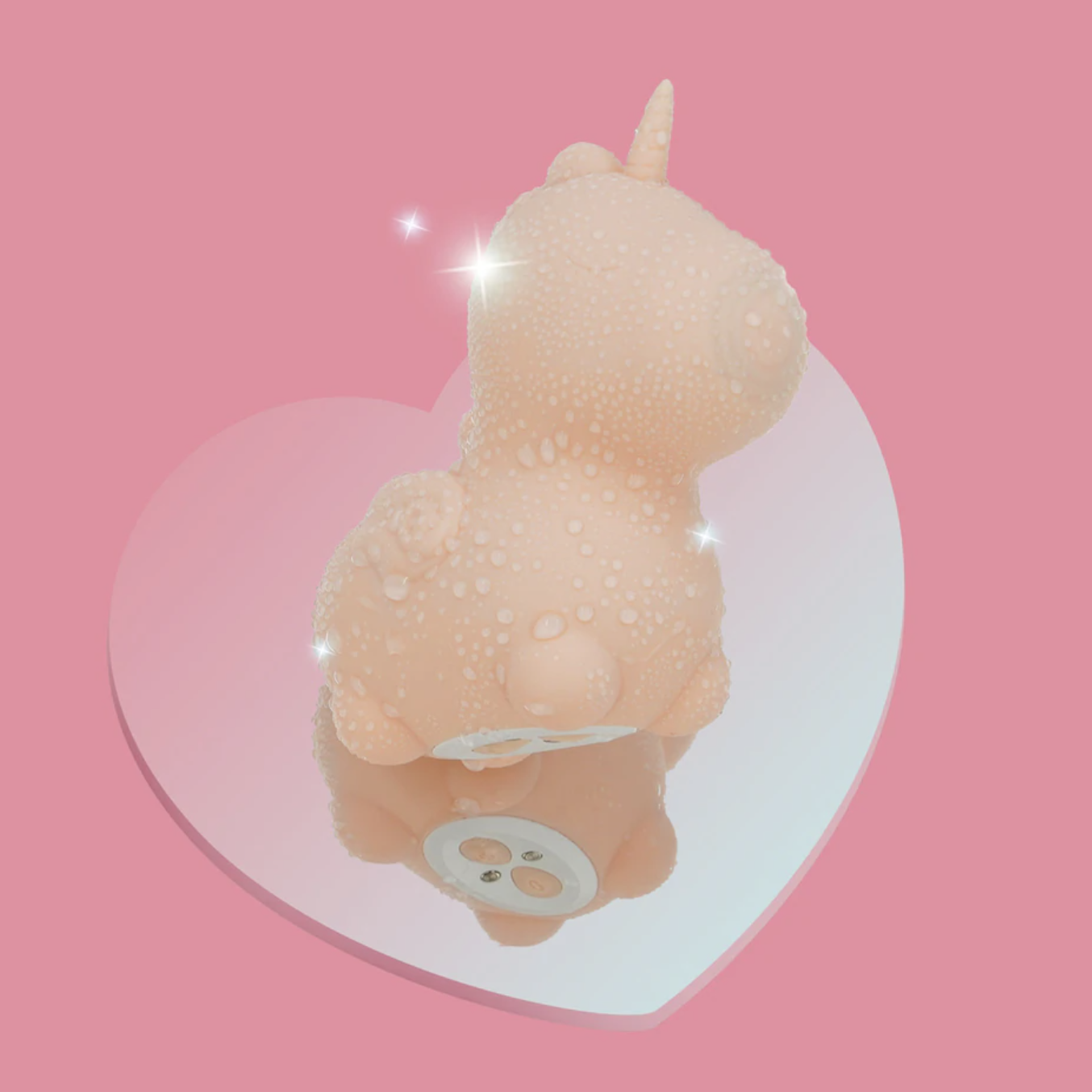 erotic toy resembling a cartoon character on a pink heart-shaped background