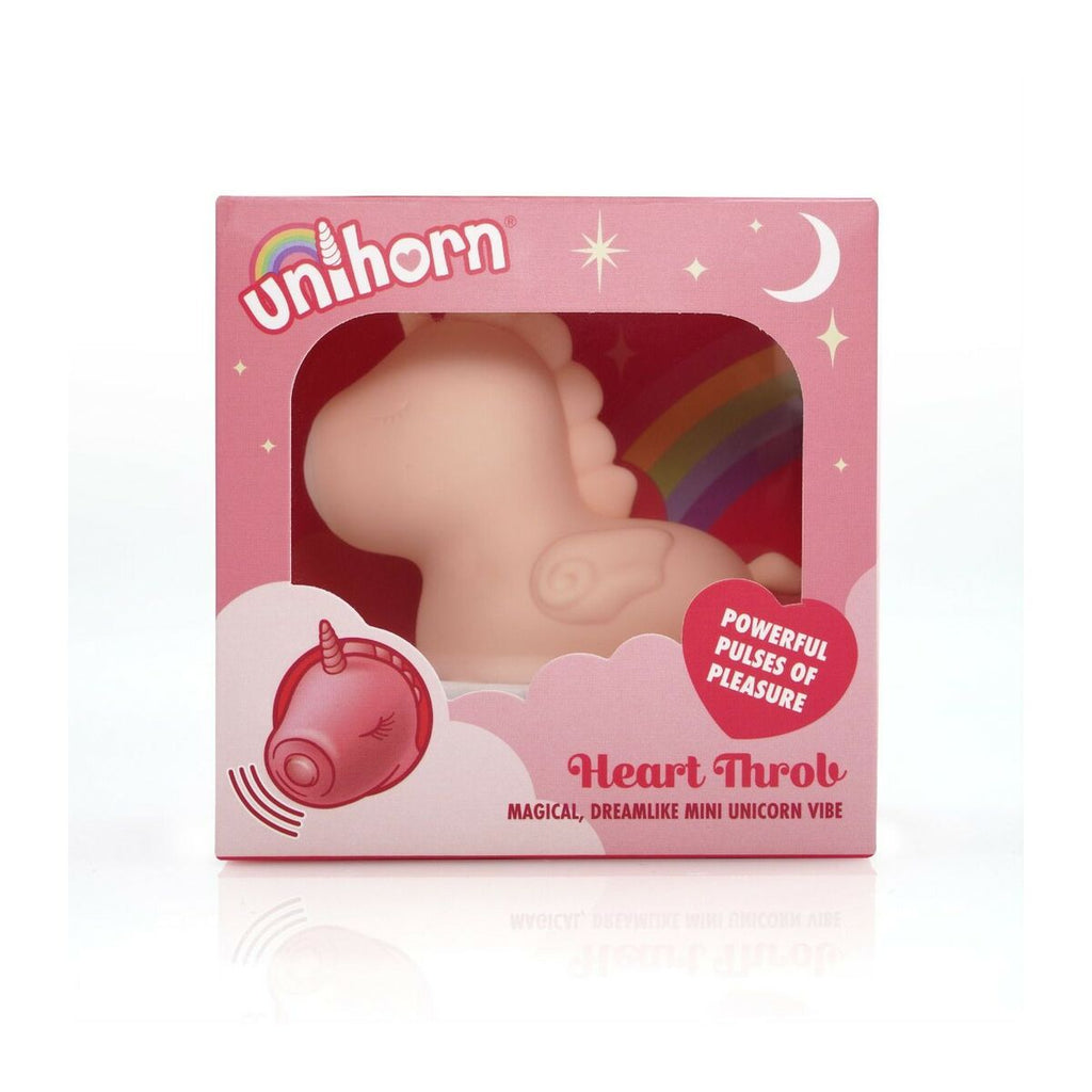 Pink packaging of a unicorn-shaped clitoral vibrator intended for adults only with 'unihorn' branding on a white background
