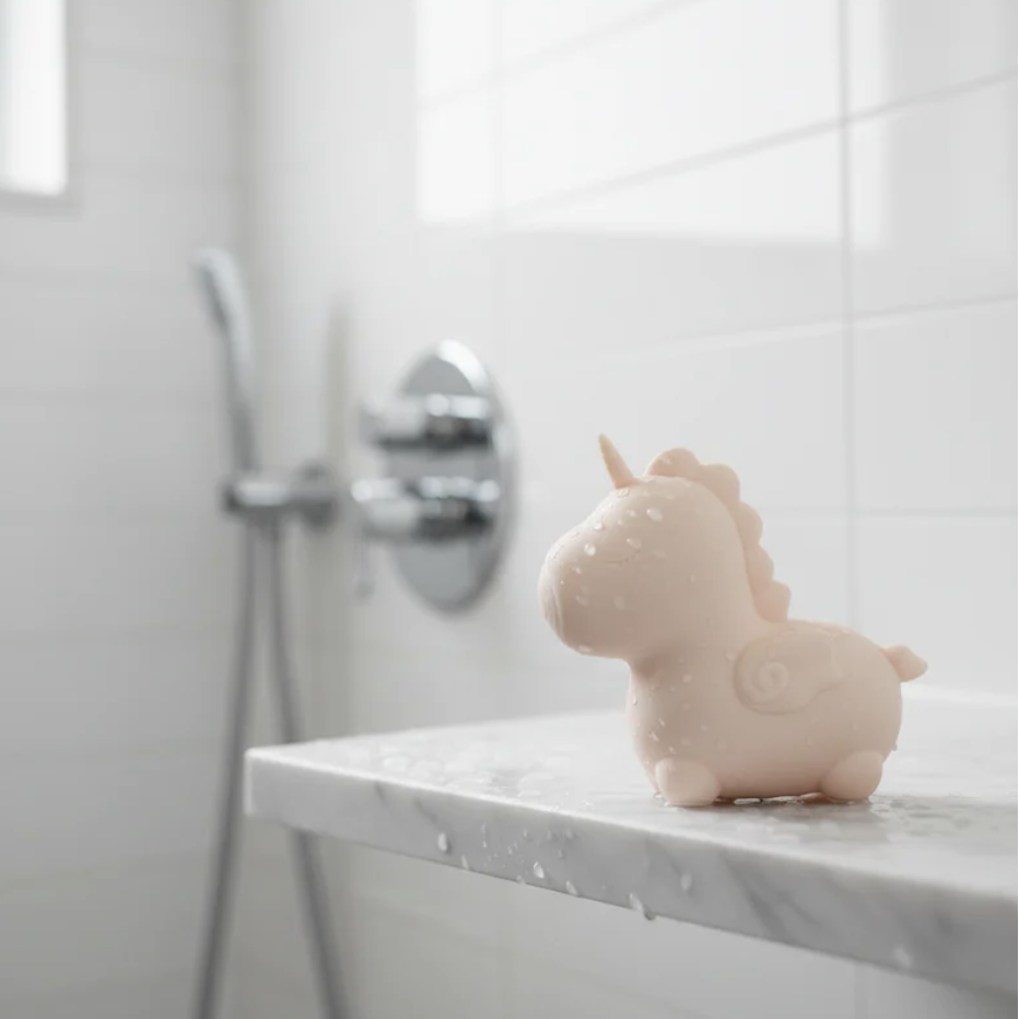 Pink unicorn-shaped sexual wellness device intended for adults only on a marble bathroom counter