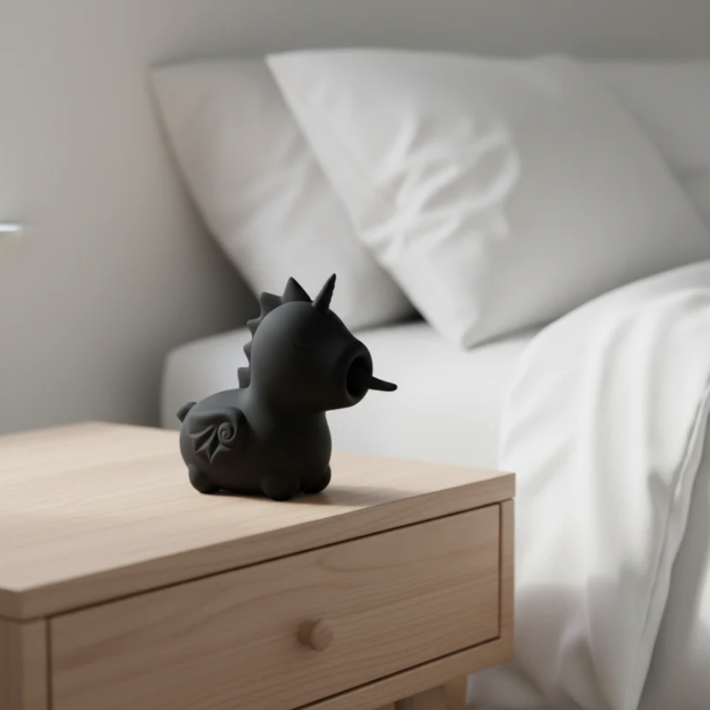 Black unicorn-shaped pleasure toy for adults only on a wooden nightstand with white bedding in the background