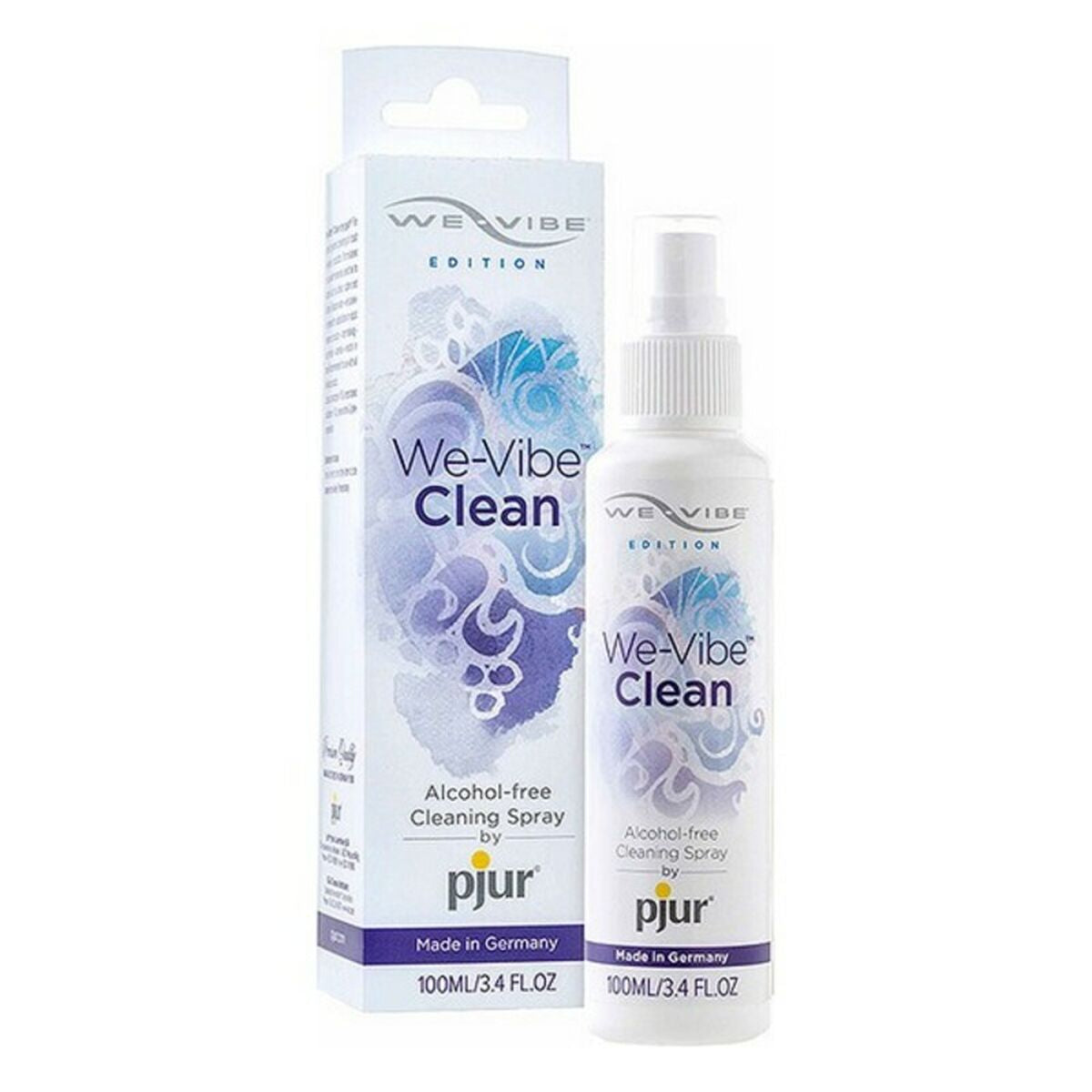 We-Vibe Clean alcohol-free sex toy cleaning spray for cleaning silicone and intimate sex toys safely packaging on a white background