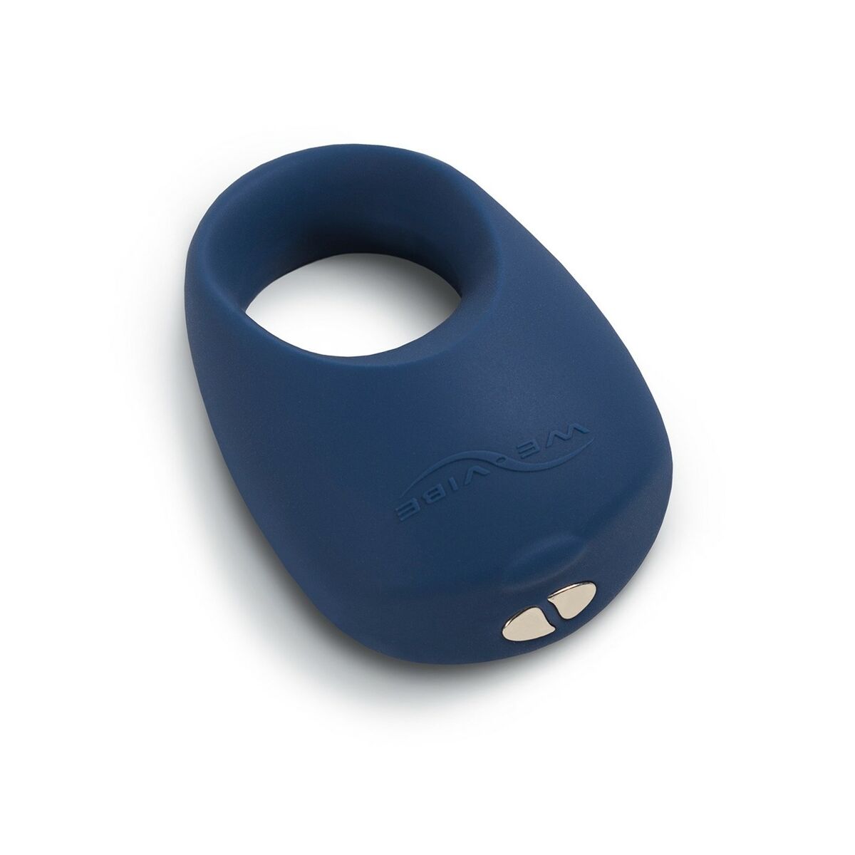 Blue silicone cock ring with we-vibe brand logo on a white background