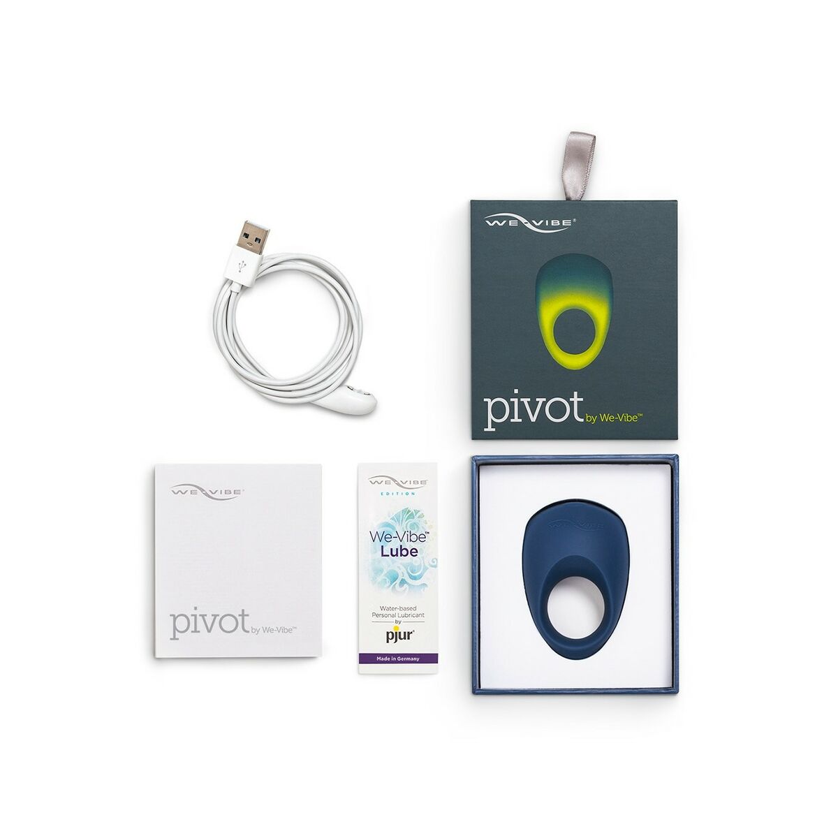 Pivot by We-Vibe erotic product set with USB cable, intimate lubricant, and packaging on a white background