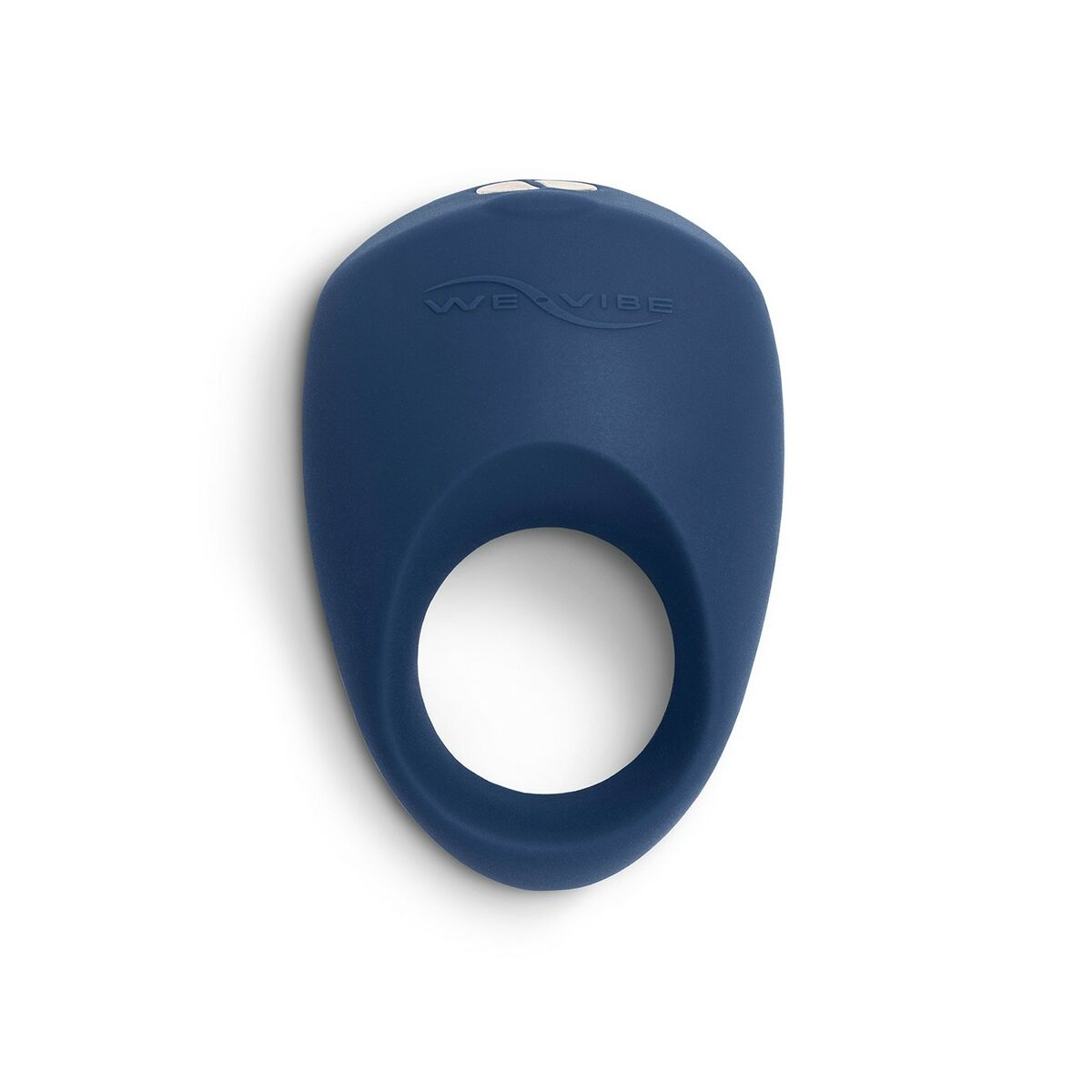 Blue silicone penis ring with 'WeVibe' branding on a white background