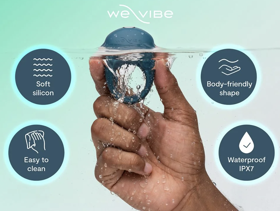 Hand holding a blue silicone erotic product with 'we.vibe' branding and features listed.