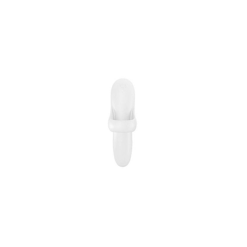 white finger vibrator ring with a circular design on a white background