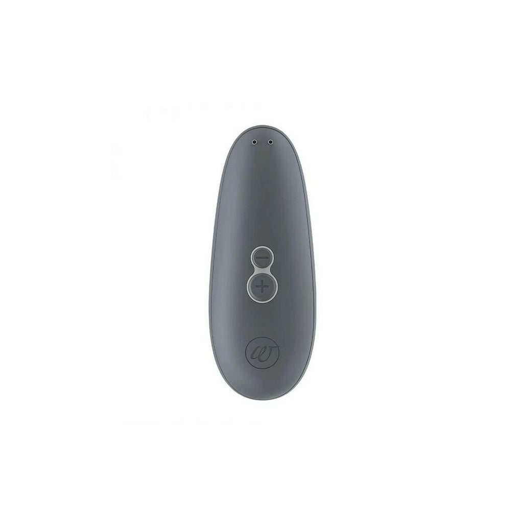 Gray pleasure toy device with a circular womanizer logo on a white background