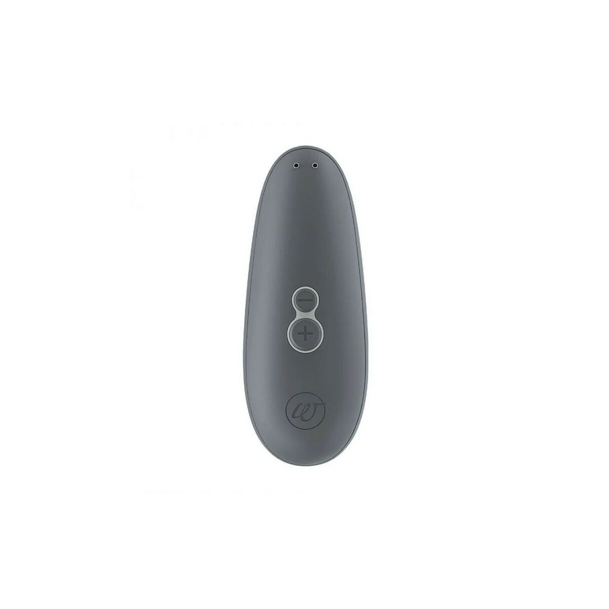 Gray pleasure toy device with a circular womanizer logo on a white background