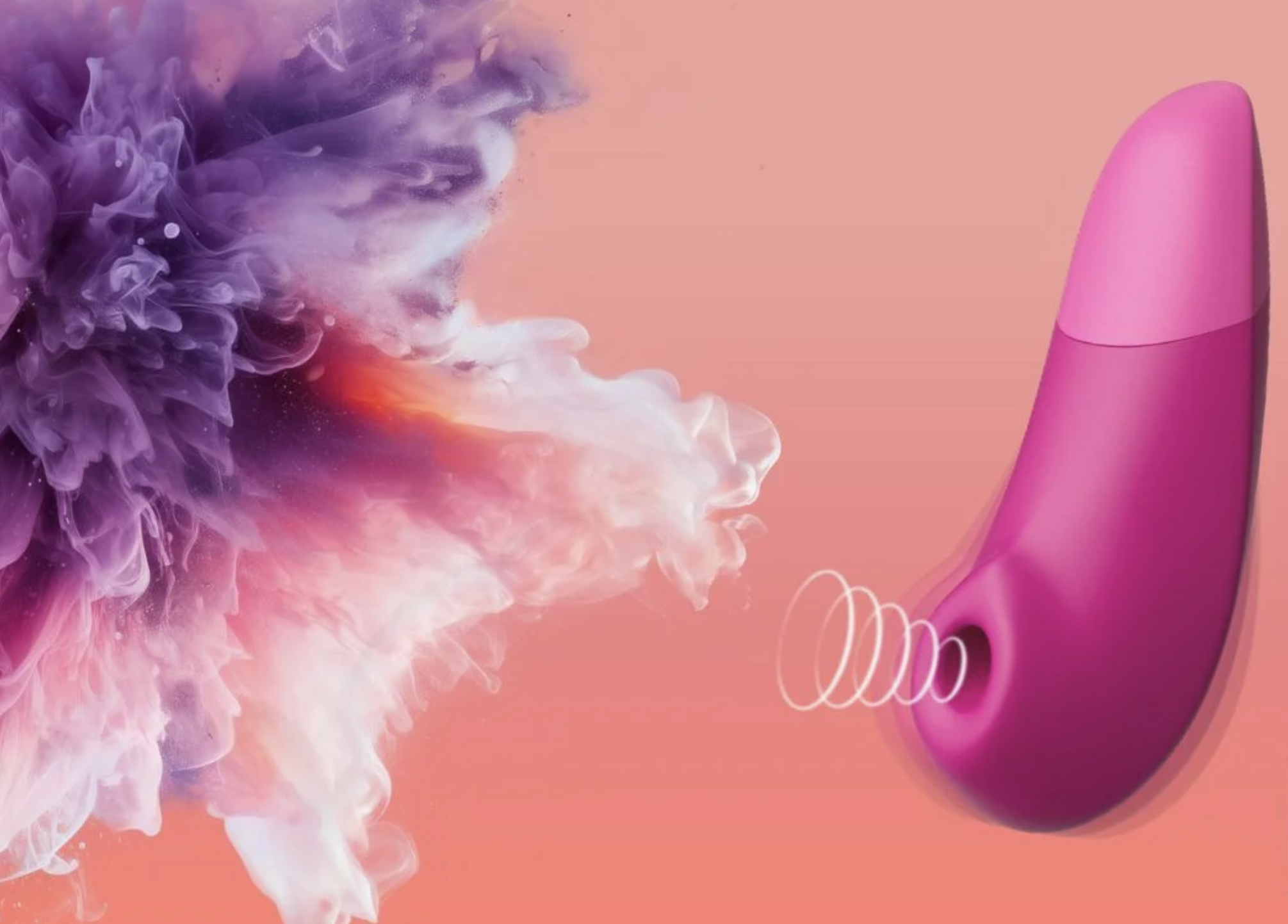 pink air waves device creating purple clouds over a peach coloured background