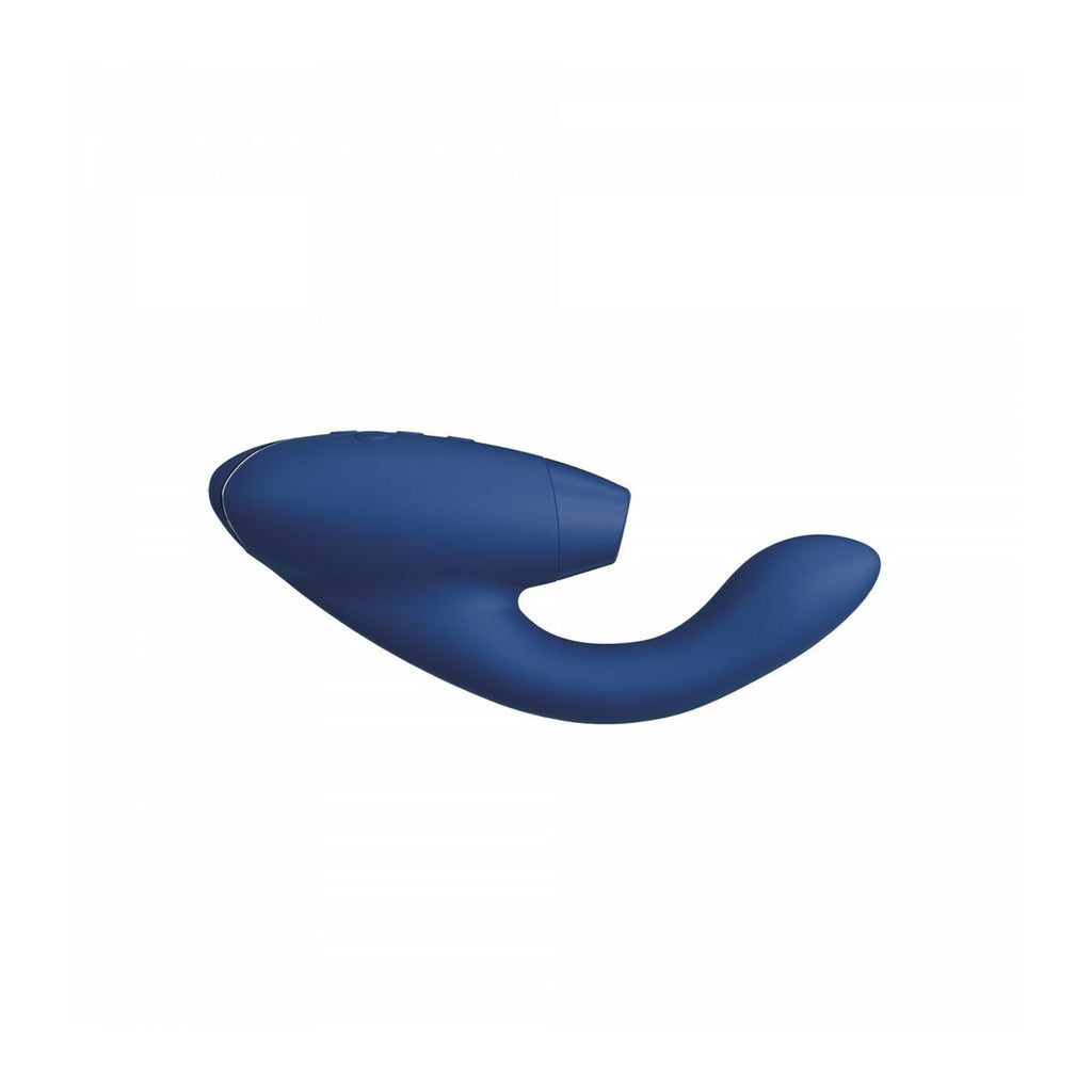 Blue curved adult pleasure toy on a white background