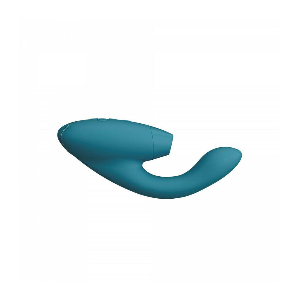 Teal silicone pleasure device on a white background