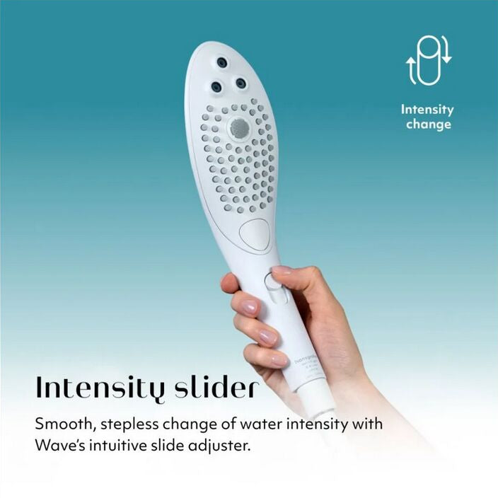 Hand holding a white handheld shower head with text on intensity control on a blue gradient background
