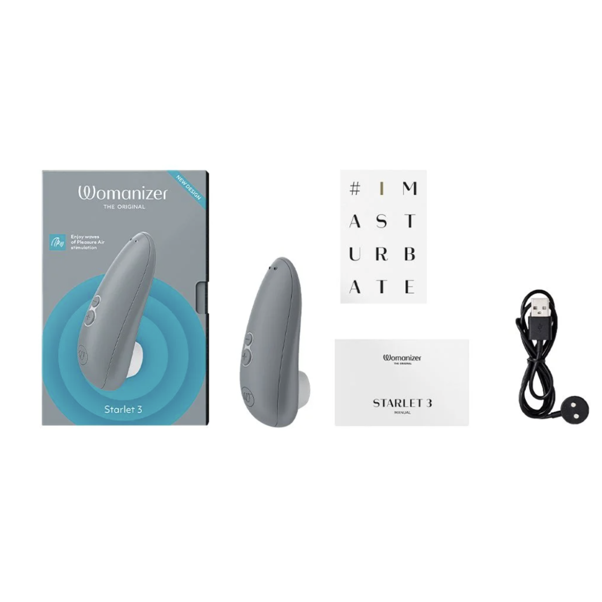 Womanizer Starlet 3 with packaging, USB cable, and 'I Masturbate' poster on a white background