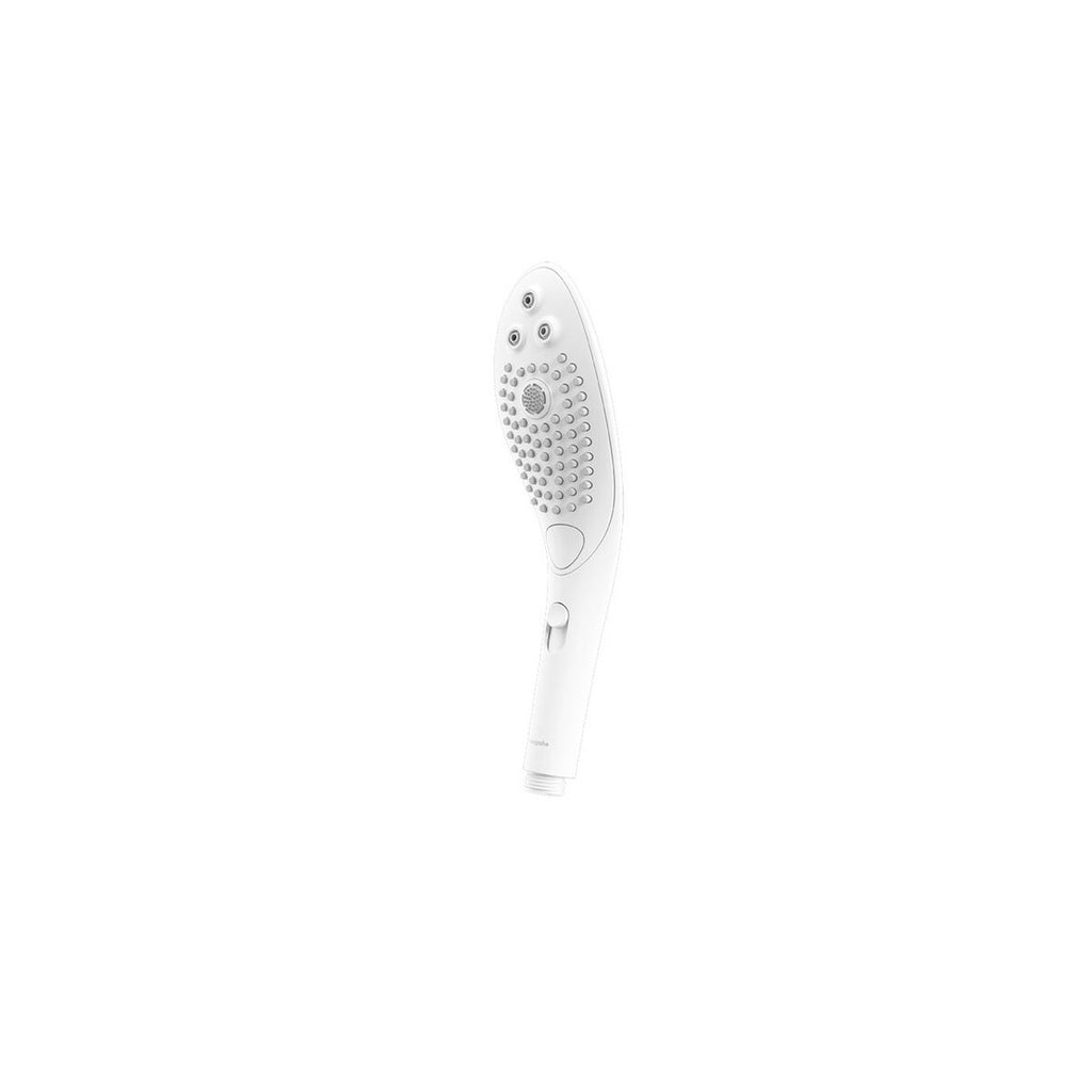 White handheld shower head with bristles on a white background