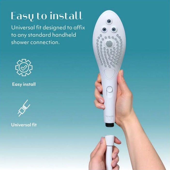 Handheld womanizer shower attachment with text on a blue background