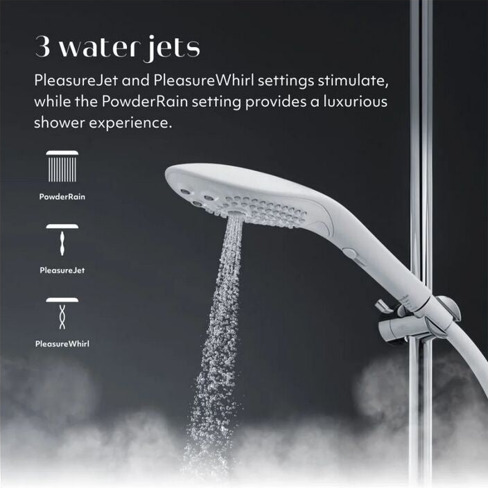 Shower head with text about water jets on a black background