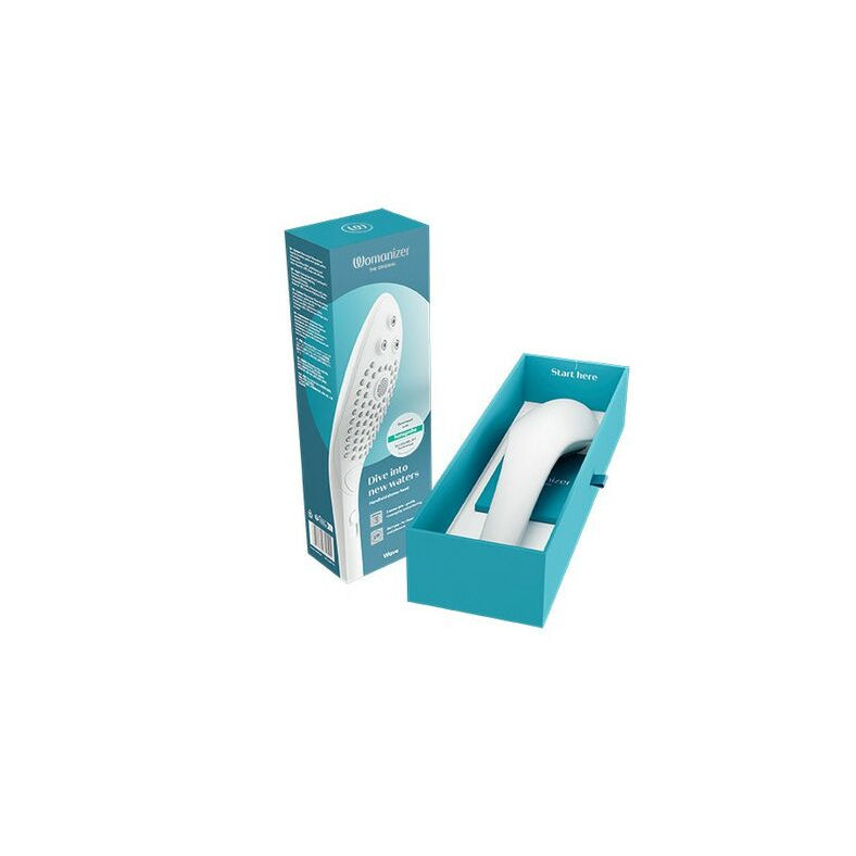 White sexual wellness electronic device with blue packaging on a white background