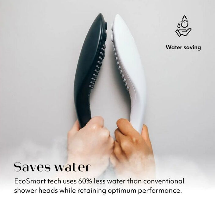 Two hands holding a black and white shower head with water saving text and logo.
