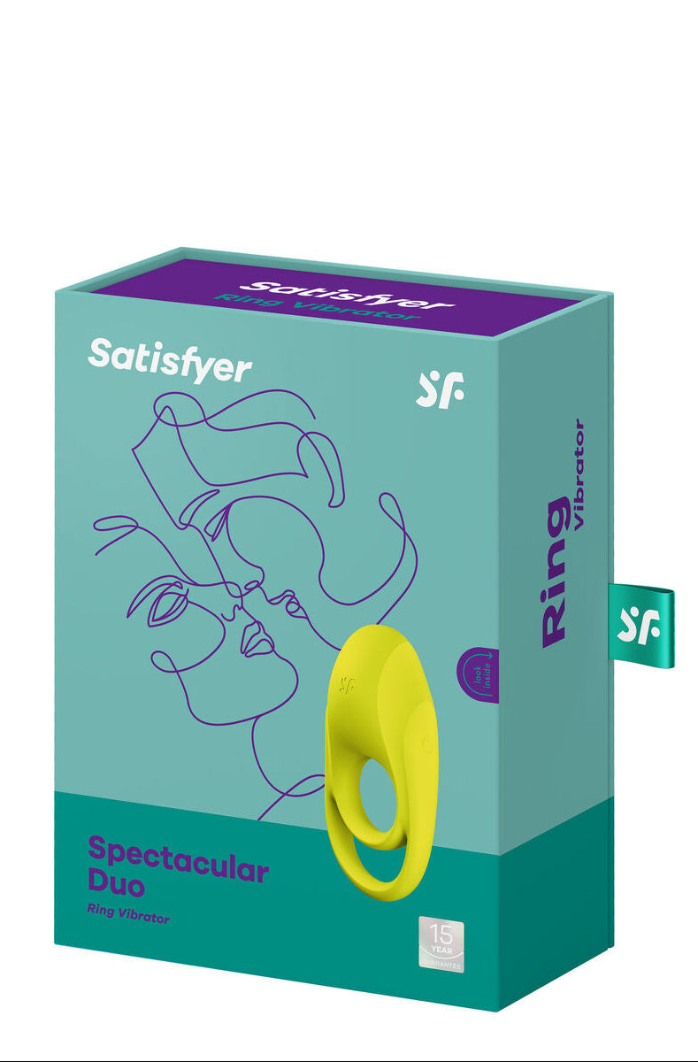 Satisfyer Cock Ring Vibrator packaging with a green and purple design on a white background